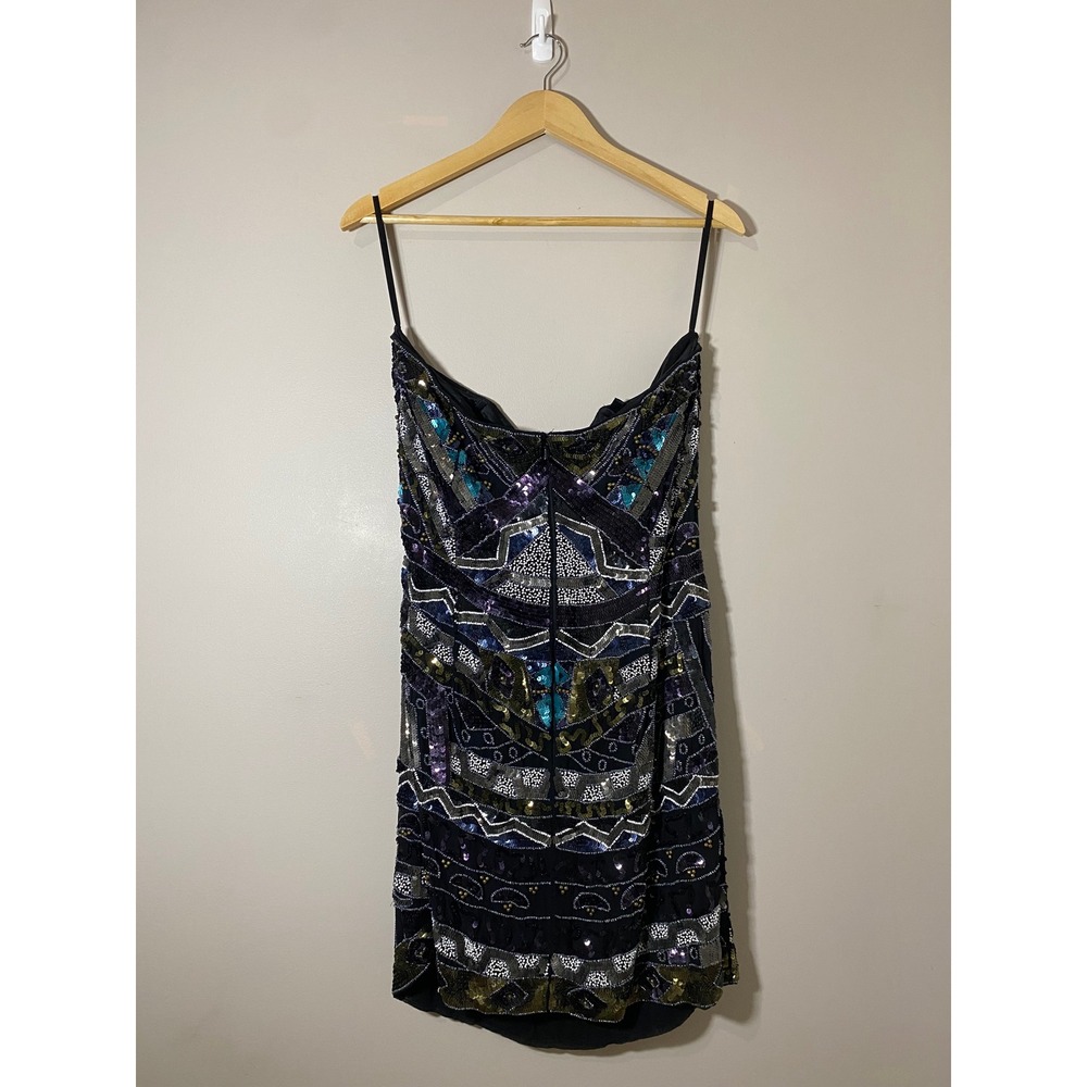 Art Deco Beaded Mini Dress Black Teal Geometric Size 12 EUC French Connection - Picture 2 of 6